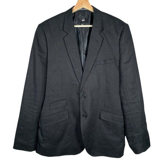 H&M 100% Linen Sport Coat 42R Black Ticket Pocket Blazer Two Button Dual Vent - Picture 1 of 16